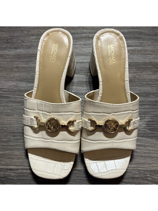 Michael Kors Shoes - Michael Kors Size 7 Cream Croc Embossed Block Heel Slide Sandals Gold Hardware